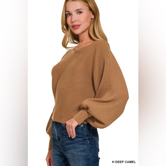 Boat Neck Balloon Sleeve Sweater in H Deep Camel - Picture 2 of 4